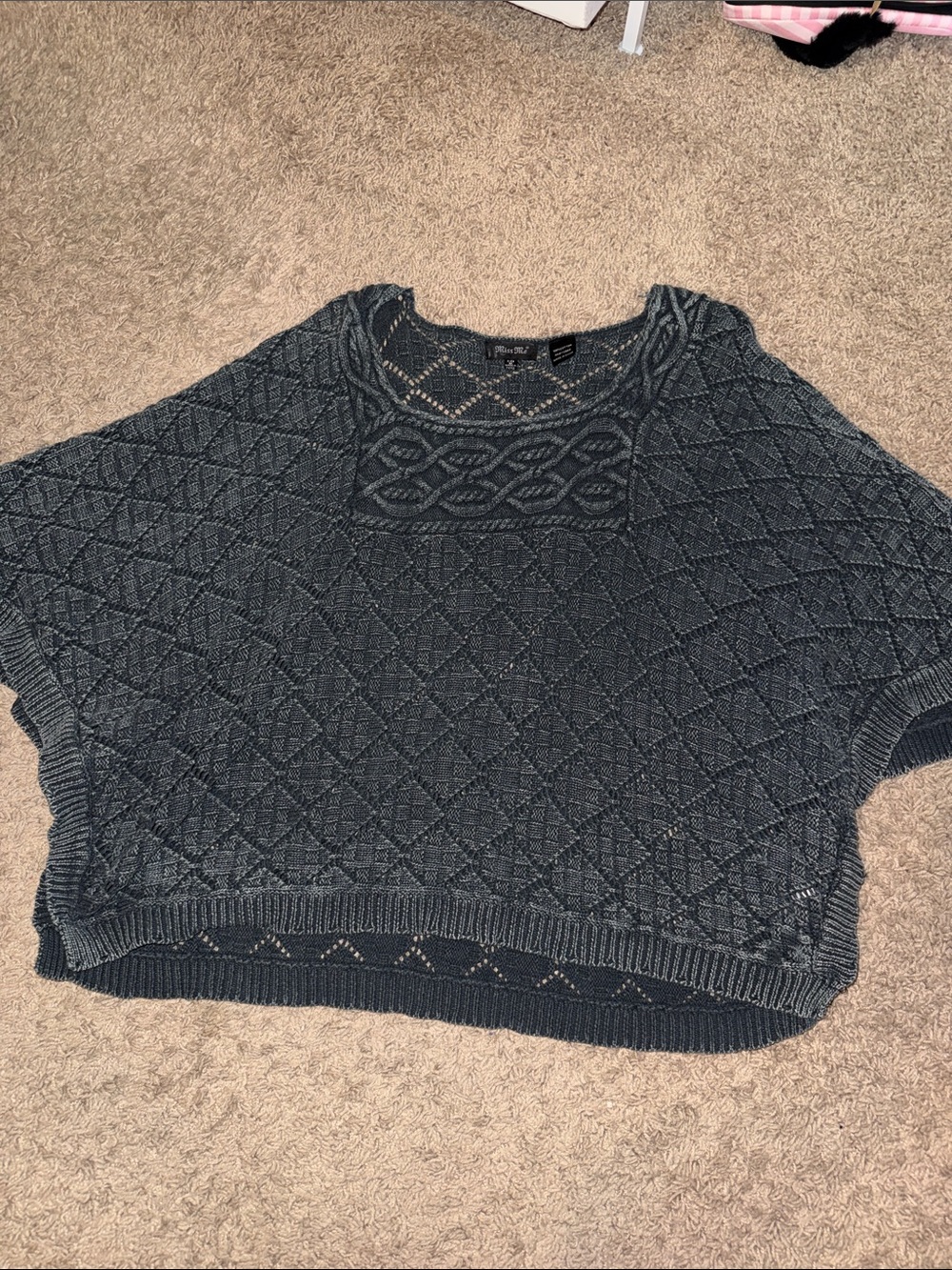 Miss Me Dark Gray Crochet Knit Poncho Sweater